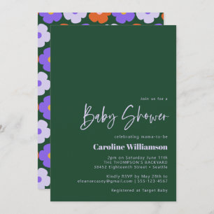 Invitation Baby shower vert violet à fleurs rétro gras
