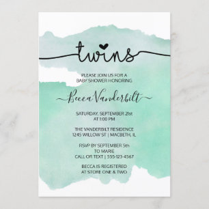 Invitation Baby shower vert Watercolor Twins