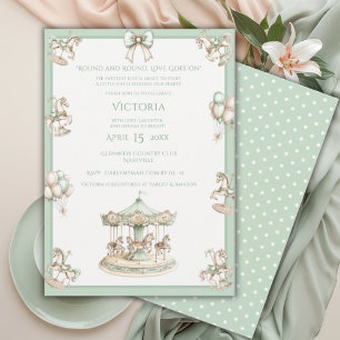 Invitation Baby shower vert Whimsical Carousel Sage