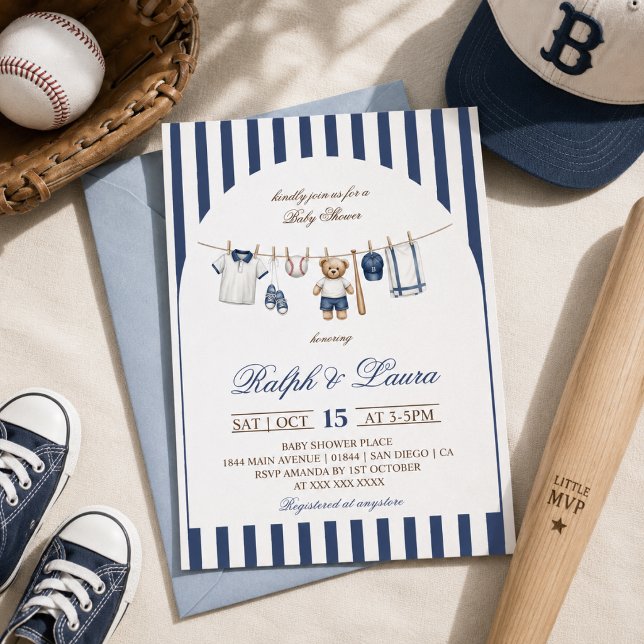 Invitation Baby Shower Veste de Base-Ball Ours Corde à Linge (Créateur téléchargé)