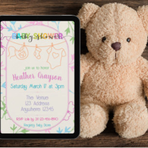 Invitation Baby Shower Vêtements Colorés avec Fleurs