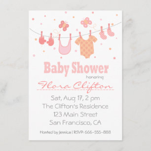 Invitation Baby shower : Vêtements de bébé sur une corde à li