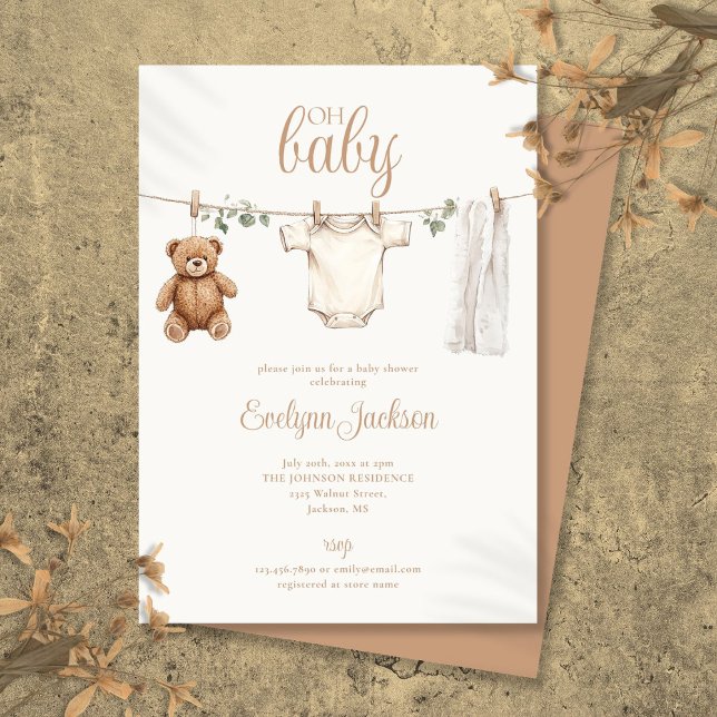 Invitation Baby-Shower Vêtements Ligne Neutre (Watercolor Clothesline Neutral Baby Shower Invitation)