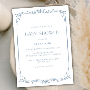 Invitation Baby shower Vintage à cadre bleu classique françai