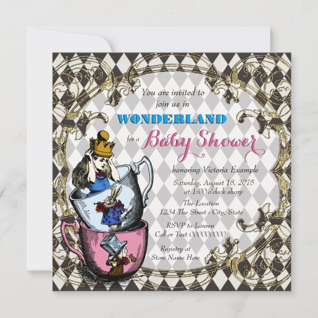 Invitation Baby shower vintage Alice Wonderland (Devant)