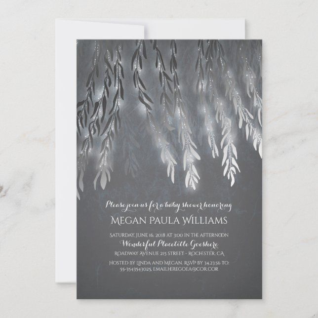 Invitation Baby shower vintage Argent Willow Tree Branches (Devant)