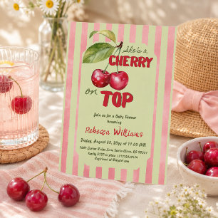 Invitation Baby Shower Vintage aux Cerises Rayées