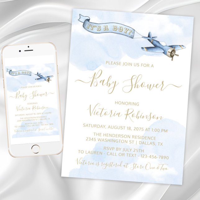 Invitation Baby Shower Vintage Avion Garçon (Baby blue and gold vintage airplane invitations. Instant download and printed invitations available.)