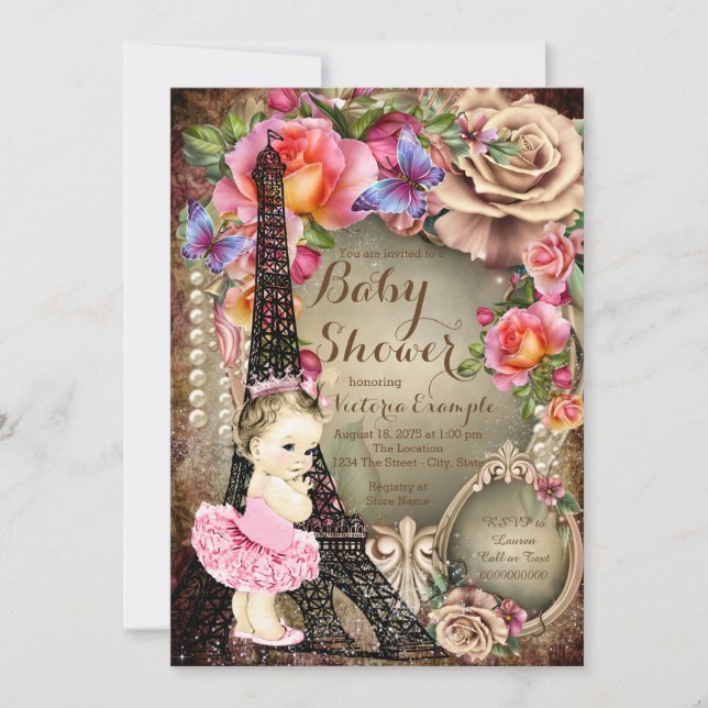 Invitation Baby shower vintage Ballerina Eiffel Tour Paris (Devant)