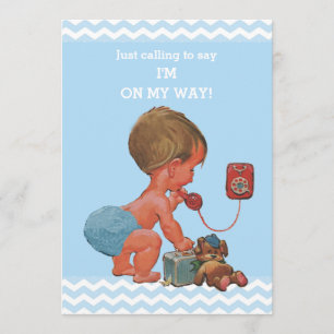 Invitation Baby shower vintage bébé sur téléphone Blue Chevro