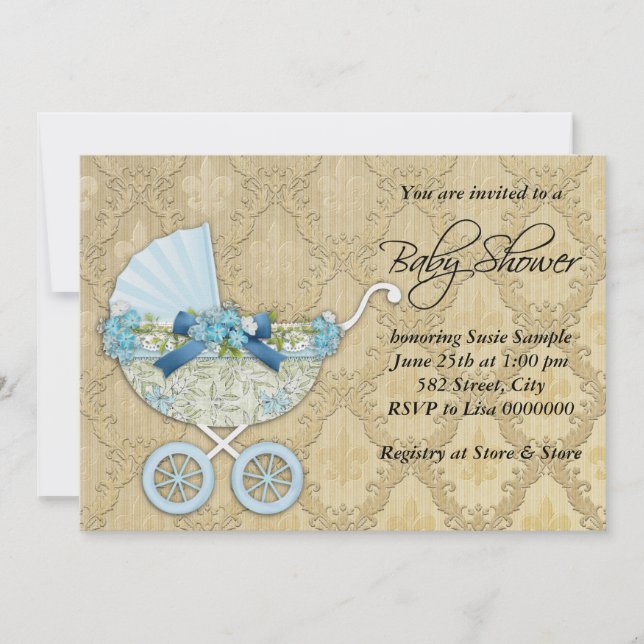 Invitation Baby shower Vintage Beige and Blue Boys (Devant)