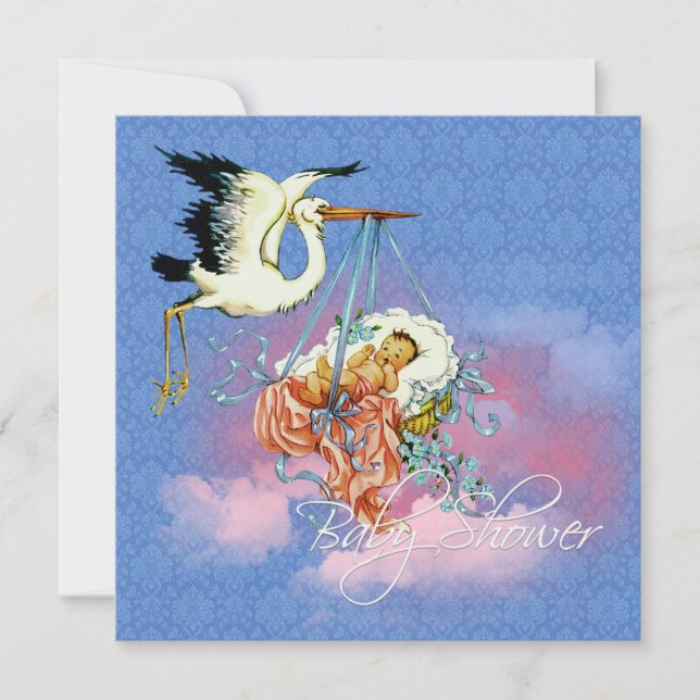Invitation Baby-Shower Vintage Bleu Cigogne (Devant)