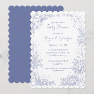 Invitation Baby-Shower Vintage Bleu et Blanc à Bordure Cranté