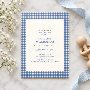 Invitation Baby-Shower Vintage Bleu Gingham à Carreaux à Plai
