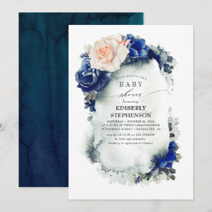 Invitation Baby shower Vintage bleu marine et pêche