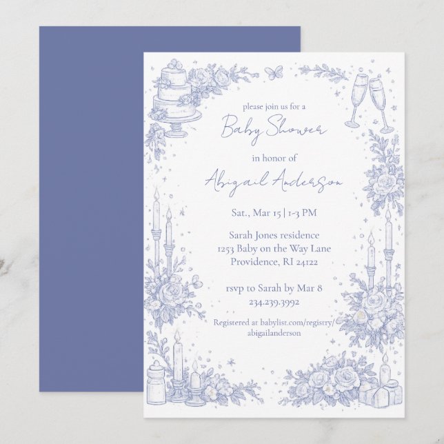 Invitation Baby-Shower Vintage Bleu Pervenche  (Devant / Derrière)