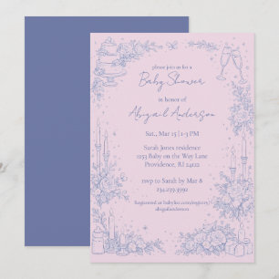Invitation Baby-Shower Vintage Bleu Pervenche & Rose