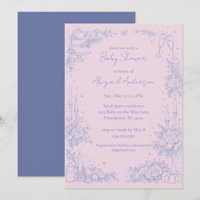 Invitation Baby-Shower Vintage Bleu Pervenche & Rose  (Devant / Derrière)