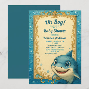 Invitation Baby shower vintage Blue & Gold Shark Boy