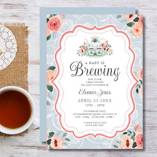 Invitation Baby shower vintage Blue Watercolor Tea Party