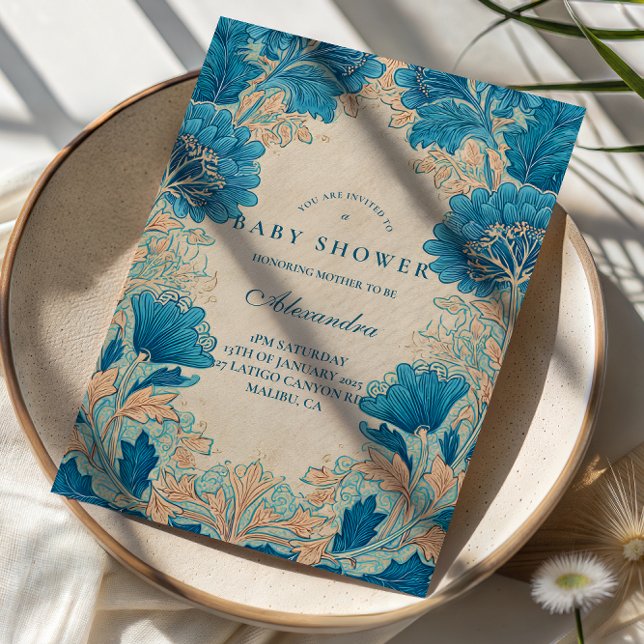 Invitation Baby-Shower Vintage Botanique Bleu (Créateur téléchargé)