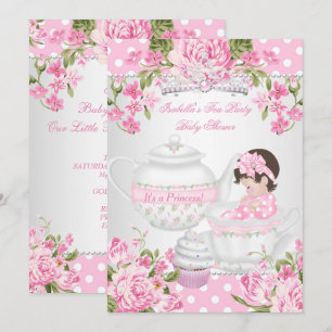 Invitation Baby shower vintage Brunette Fille Tea Party rose