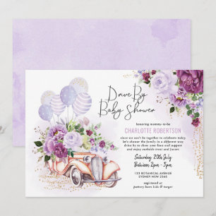 Invitation Baby shower Vintage Car Purple Floral Drive