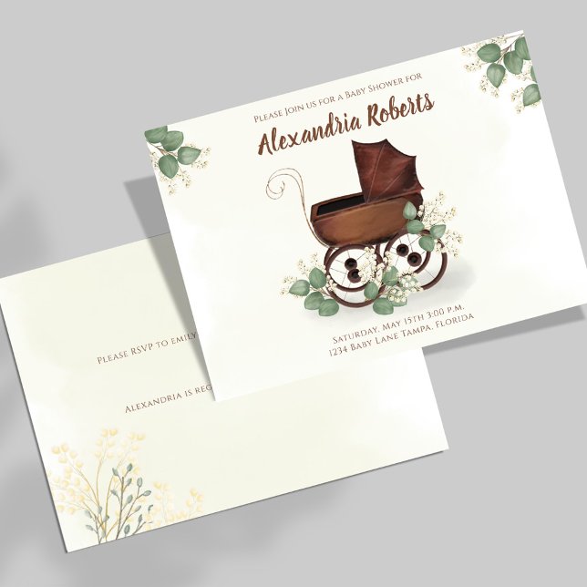 Invitation Baby shower Vintage Carriage Vert (Baby shower vintage baby carriage invitations. )
