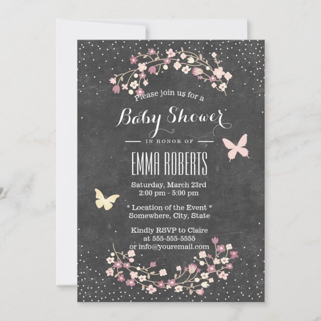 Invitation Baby shower Vintage Chalkboard Papillon & Fleurs (Devant)