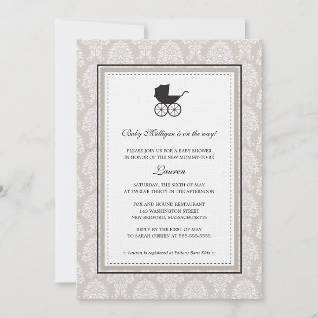 Invitation Baby shower vintage Damask Baby Carriage (Devant)