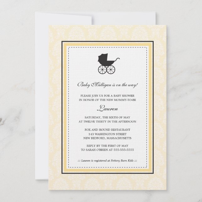 Invitation Baby shower vintage Damask Baby Carriage (Devant)