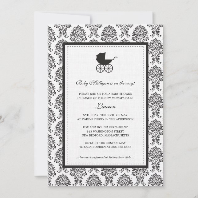 Invitation Baby shower vintage Damask Baby Carriage (Devant)