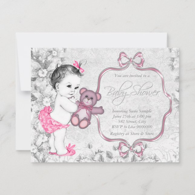 Invitation Baby shower Vintage de bébé rose gris (Devant)