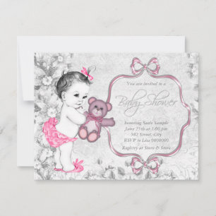 Invitation Baby shower Vintage de bébé rose gris