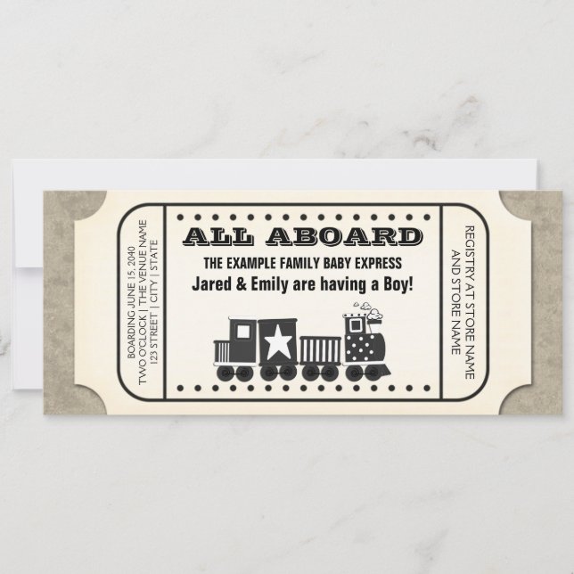 Invitation Baby shower vintage de billets de train (Devant)