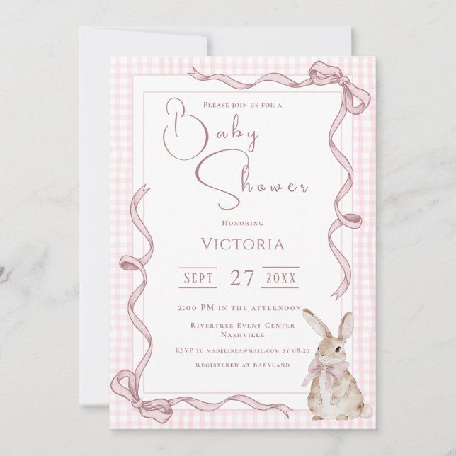 Invitation Baby shower Vintage de Bunny rose (Devant)