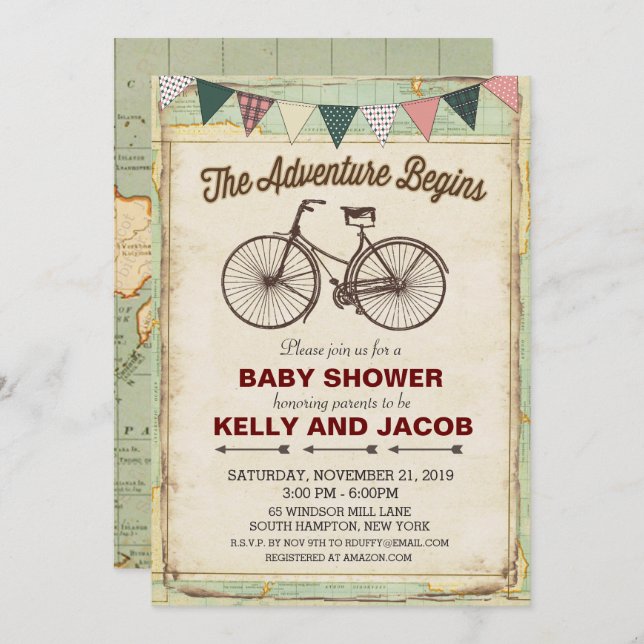 Invitation Baby shower vintage de voyage à vélo (Devant / Derrière)