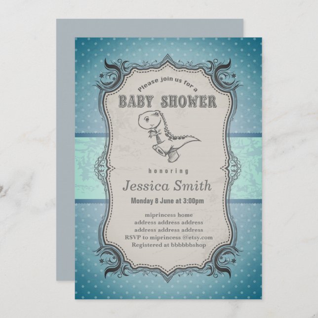 Invitation BABY SHOWER vintage - dinosaure (Devant / Derrière)