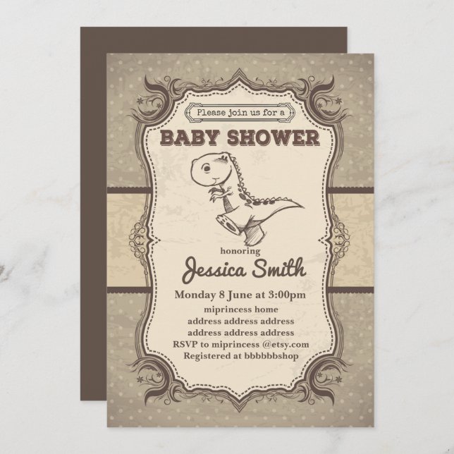 Invitation BABY SHOWER vintage - dinosaure (Devant / Derrière)