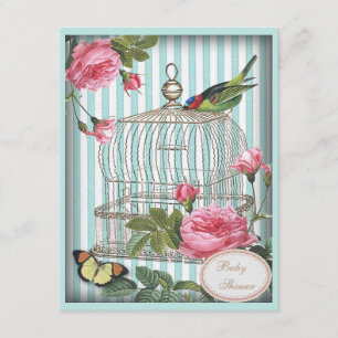 Invitation Baby shower vintage d'oiseau, de cage, de papillon