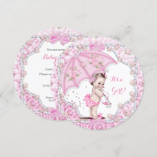 Invitation Baby Shower Vintage Fille Fleurs Parapluie Rose