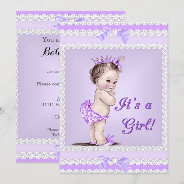 Invitation Baby shower vintage Fille Lilac Lavande Violet (Devant / Derrière)