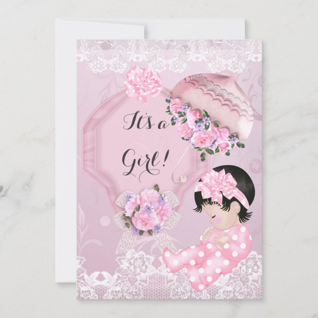 Invitation Baby shower vintage Fille Pink Parasol Roses (Devant)