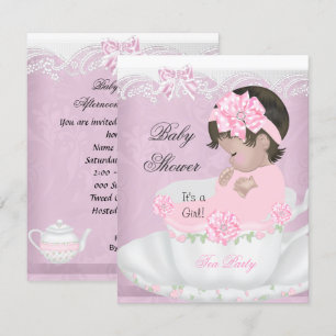 Invitation Baby Shower Vintage Fille Rose Bébé dans Tasse à T