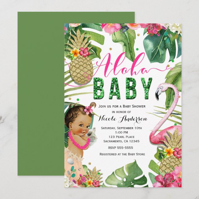 Invitation Baby Shower Vintage Fille Tropical Aloha Hawaïenne (Devant / Derrière)
