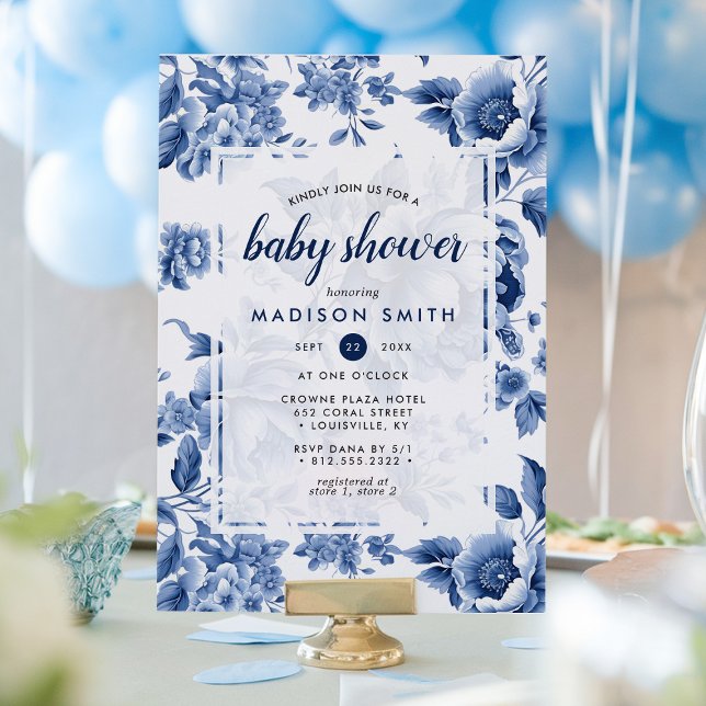 Invitation Baby-Shower Vintage Fleur Bleue Toile (Créateur téléchargé)