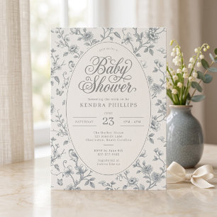 Invitation Baby-Shower Vintage Fleur Verte Toile