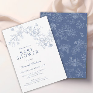 Invitation Baby-Shower Vintage Fleurs Dessinées Ligne Bleue