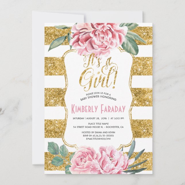 Invitation Baby shower Vintage Floral Gold Stripes (Devant)