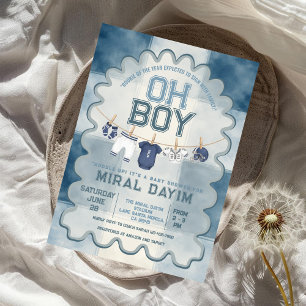 Invitation Baby Shower Vintage Football Bleu Oh Garçon